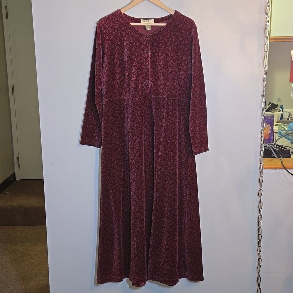 Eddie Bauer Long Velvet Cotton Long Sleeves Plum Botanical Pattern Maxi Dress